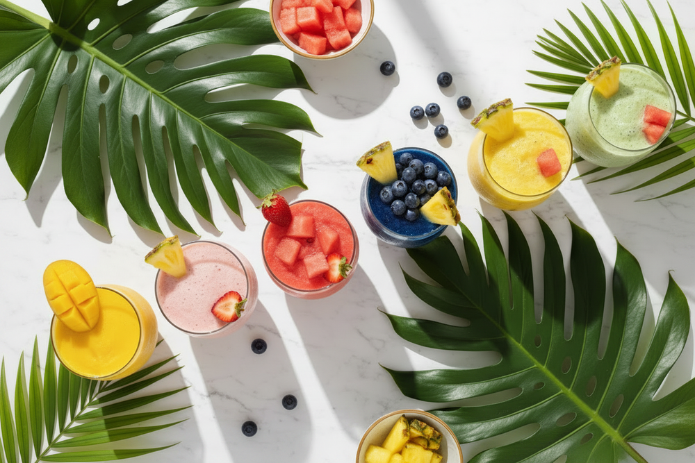Colorful sea moss smoothies with tropical fruits on a bright marble surface